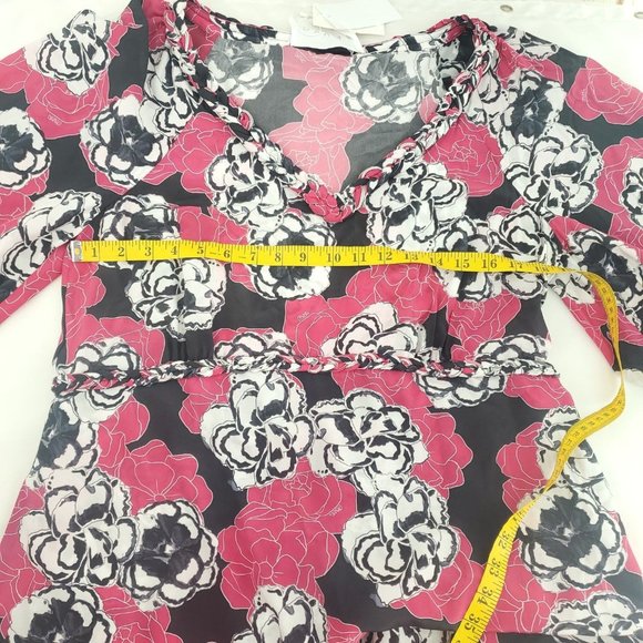 Dyvna Womens Pink Graphic Flower Semi Sheer 3/4 Sleeve Ruffle Sheath Dre… - Picture 6 of 13